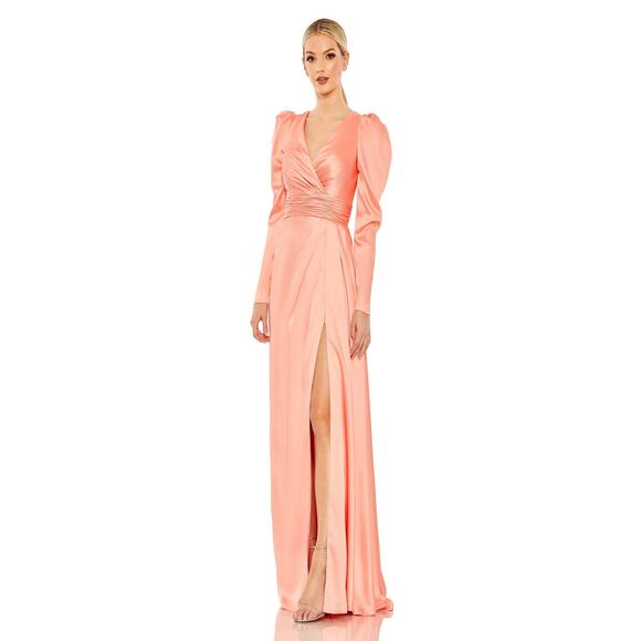 Mac Duggal NWT Satin V-Neck A-Line Gown in Peach Size 8 - Picture 1 of 8